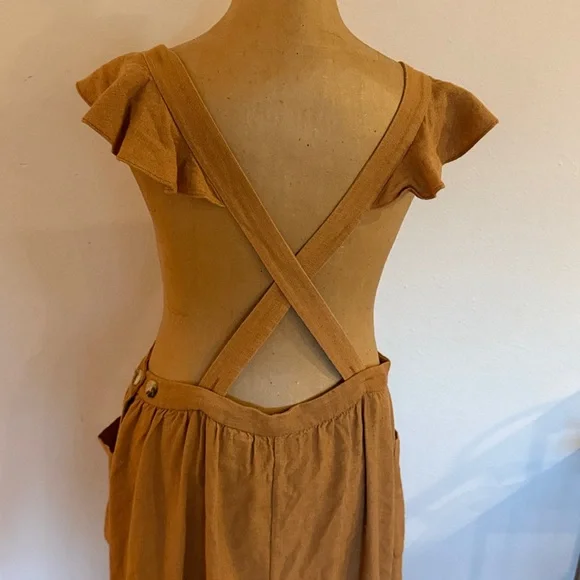Doen Pennisula Dress Pinafore Elegant Tan/Pumpkin color with Pockets ruffles VGC - Picture 7 of 14